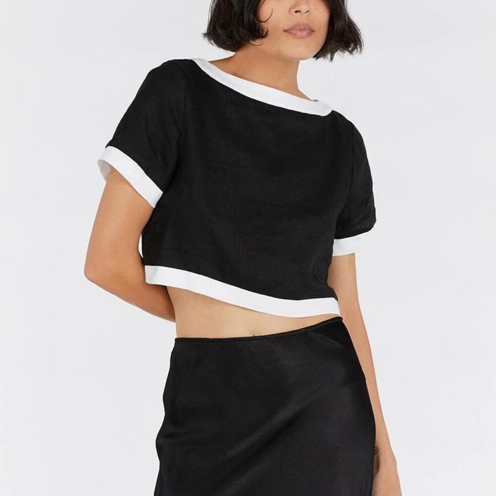 DISSH Contrast Trim Boatneck Crop Top Linen 6 Black White Minimalist capsule
